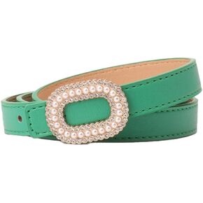 COTIM COYIN Women's Elegant Pearl Rhinestone Buckle Skinny Leather Adjustable Belt for Jeans Dresses Pants