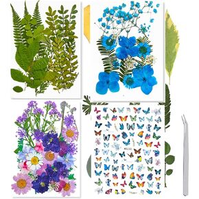 Natural Dried Pressed Flowers Leaves Bulk for Resin Molds, Real Pressed Flowers DIY for Phone Case, Candles Making, Photo Frame, Bookmark, Including 70Pcs Butterfly Stickers Nail Art Accessories