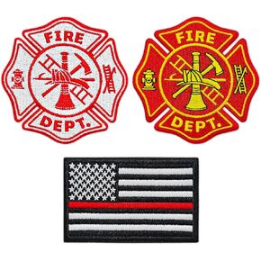 3 Pack Firefighter Patch and Thin Red Line American Flag Set, Fire Department Embroidered Patches, Shield Cross Fireman Patches Iron On, Hook and Loop for Clothes