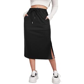 Avanova Women Drawstring Side Slit Midi Skirt Sweater Pocket Knee Length Skirt