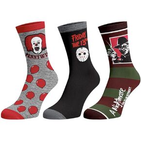 Bioworld Horror Themed Men's It Nightmare On Elm Street Friday The 13th 3-Pack Mid-Calf Adult Crew Socks
