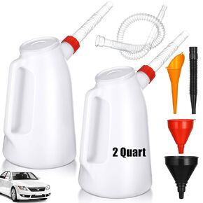 BBTO 2 Pack 2 Quart Oil Jug Oil Measuring Container Automotive and 5 Pcs Flexible Oil Funnel Set Oil Dispenser Automotive Motor Oil Container with Lid and Cap for Automotive Fluids