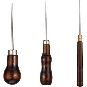 3 Pcs Awl Tool Set Leather Scratch Awl Tool Stitching Sewing Awl with Wooden Handle Piercing Awl Needle Tools Gourd Shape Pin Punching for Leather Punch Hole Craft Repair Shoes Sewing