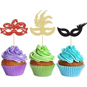 Gyufise 24Pcs Masquerade Masks Cupcake Toppers Glitter Bachelorette Party Mask Cupcake Food Fruit Picks Masquerade Mardi Gras Party Baby Shower Birthday Party Cake Decorations Black