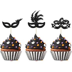 Gyufise 24Pcs Masquerade Masks Cupcake Toppers Glitter Bachelorette Party Mask Cupcake Food Fruit Picks Masquerade Mardi Gras Party Baby Shower Birthday Party Cake Decorations Black