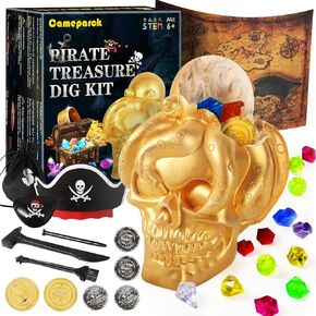 Cameparck Pretend Play Pirate Toys Dig Kit - Excavate 20 Pirate Treasures,Gemstones,Gold Coins-with Hat, Eye Patch, Storage Bag,Science Kit for Kids,Educational Toys Party Gifts for Boys&Girls Age 6+