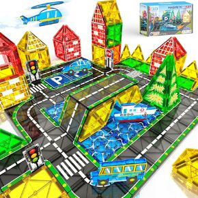 Magnetic Tiles Road Set with Car Magnet Building Tile Toys for Kids Ages 3-5 4-8 5-7 Magnetic Blocks Expansion Pack STEM Construction Toys for 3 Year Old Boy Girl Toddler Christmas Birthday Gift 42pcs