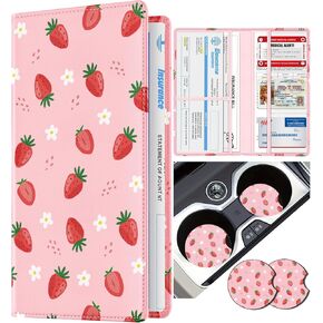 Slohif Car Registration and Insurance Card Holder with Magnetic Shut - Vehicle Glove Box Organizer Women Leather Automobile License Holders Coasters Auto Accessories Case for Document,Strawberry