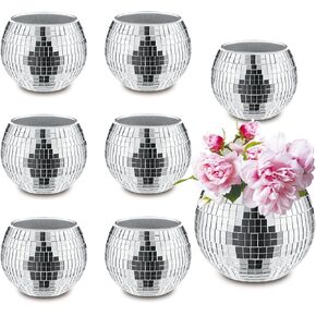 8 PCS Silver Disco Ball Vase,Glass Disco Ball Planter Candle Holder Vase Bulk Mirror Disco Ball Flower Vase for Wedding Centerpieces,Birthday,Office,Bedroom
