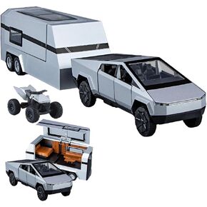 1/32 Diecast Pickup Trailer RV Model Toy Truck with Beach Motorcycle, Alloy Metal Pickup Truck Model Diecast Vehicles with Sound Light Pull Back, Birthday Gifts for Boys Adults (Silver)