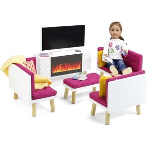 Emily Rose New 18" Doll Wooden Pink Living/Family Room Sectional Sofa/Bed and Entertainment Unit with TV, Pretend Fireplace, Storage Bins and Magazines | 14"-19" Doll Furniture Gift Value Set