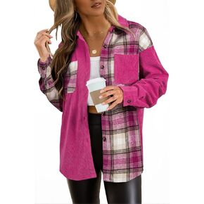 Astylish Women's Color Block Corduroy Shirts Long Sleeve Button Down Boyfriend Blouses Tops