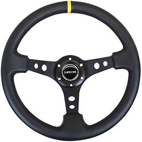 NRG Innovations NRG-RST-006BK-Y Reinforced Steering Wheel 350mm Sport Steering Wheel (3" Deep) Black Spoke With Round Holes/Black Leather/Yellow Stripes