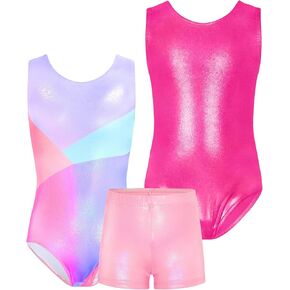 TENVDA Bundles of Girls Gymnastics Leotards Size 8-9 Years Old Solid Hotpink and Pink Blue Sleeveless Tumbling Outfit Bodysuits