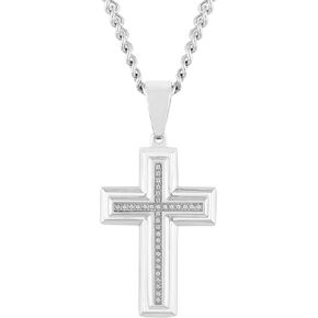 Mens Diamond Stainless Steel Cross Pendant on Twisted Curb Chain Necklace - 24"