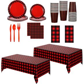 162 Pcs Christmas Buffalo Plaid Supplies for 20 Guest 2 Red Black Checkered Plaid Tablecloth with Tableware Red Gingham Party Supplies Red and Black Plaid Plate Cup Napkin Knives Forks Spoon