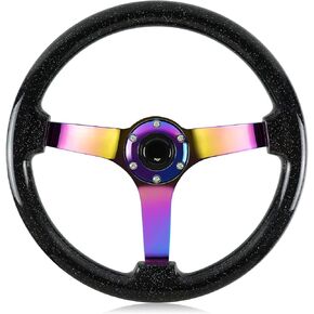 Universal 14in Wood Racing Steering Wheel, 6 Bolt Racing Steering Wheel with Horn Button Coloured Spoke Steering Wheel For Racing/Rally/Motorsport/Car Simulation Driving