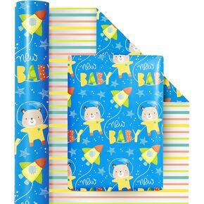 RUSPEPA Reversible Wrapping Paper Roll - Mini Roll - Bear and Rocket Pattern Great for Baby Shower, Birthday, Party - 17.5 Inches X 32.8 Feet