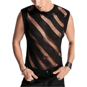 SHENHE Men's Ripped Hollow Out Crewneck Sleeveless Tank Top Sheer Casual Summer Vest Top