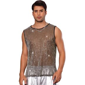 Lars Amadeus Glitter Sheer Tank Top for Men's Party See Through Sparkly Sleeveless Metallic Mesh Vest