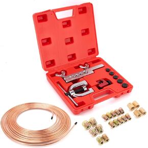 3/16" Brake Line Kit,25 ft 3/16 Copper Coated Brake Line Kit with 20 Fittings (4 Unions Included) + Double & Single Flaring Tool Kit, Rust & Corrosion Resistant for Automotive, Fuel,Hydraulic Systems