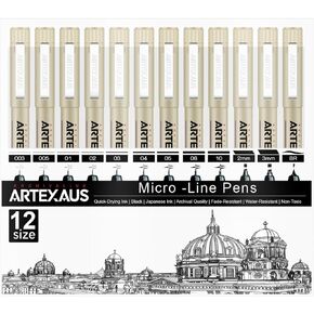 Drawing Pens, 12 Pack Fineliner Pens, Waterproof Archival Ink Pens, Assorted Sizes Micro-Pen, Art Pens for Drawing, Sketching, Calligraphy, Doodling, Art Supplies for Adults and Technical Illustrators