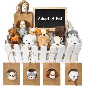 36Pcs Adopt A Puppy Party Favors, Mini Stuffed Animals Adopt A Dog Set Includes 12 Stuffed Dogs 12 Kraft Paper Bags 10 White Plastic Fence Mini Chalkboard & Chalk Marker for Adopt A Pet Party
