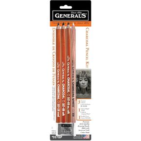 GENERAL'S Charcoal Drawing Set, White/Black, Set of 4 Pencils and 1 Eraser - 321742