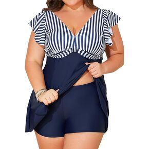 Smismivo Plus Size Tankini Swimsuits for Women with Shorts Ruffle V Neck Swim Dress Slimming Swimdress