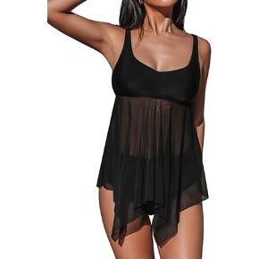 CUPSHE Women's Tankini Sets Two Piece Swimsuit High Waisted Adjustable Straps Mesh Handkerchief Hem