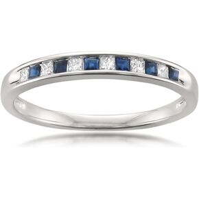 1/4 Carat Diamond, Channel-Set 14K White Gold Princess Cut Diamond & Blue Sapphire Bridal Wedding Band Ring