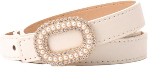 COTIM COYIN Women's Elegant Pearl Rhinestone Buckle Skinny Leather Adjustable Belt for Jeans Dresses Pants in Kuwait