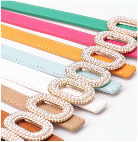 COTIM COYIN Women's Elegant Pearl Rhinestone Buckle Skinny Leather Adjustable Belt for Jeans Dresses Pants in Kuwait