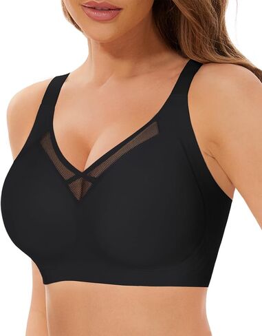 حمالة صدر لاسلكية رافعة للتغطية الكاملة، حمالة صدر شبكية مثيرة ورقبة على شكل حرف V وحزام عريض مبطن للنساء، أسود، مقاس XL in Kuwait