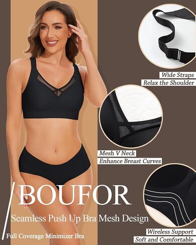 حمالة صدر لاسلكية رافعة للتغطية الكاملة، حمالة صدر شبكية مثيرة ورقبة على شكل حرف V وحزام عريض مبطن للنساء، أسود، مقاس XL in Kuwait