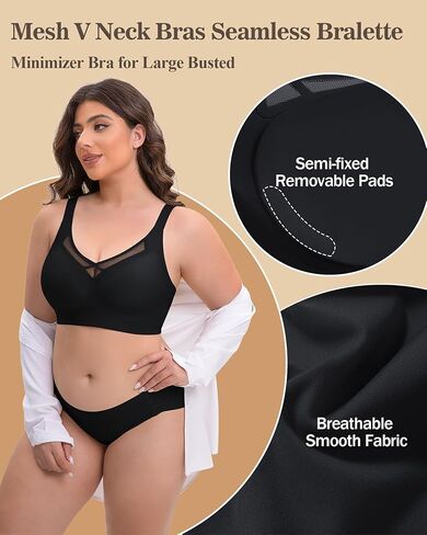 حمالة صدر لاسلكية رافعة للتغطية الكاملة، حمالة صدر شبكية مثيرة ورقبة على شكل حرف V وحزام عريض مبطن للنساء، أسود، مقاس XL in Kuwait