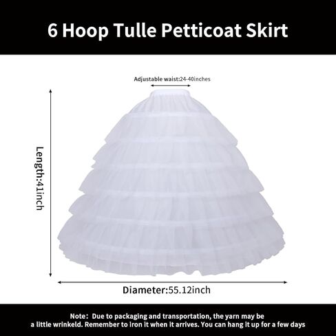 Women 6 Hoop Skirt Tulle Ball Gown Petticoat Crinoline for Bridal Wedding Under Dress, Half Slip Underskirt for Quinceanera Dress Plus Size in Kuwait
