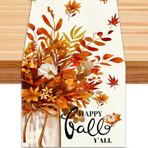 Fall Thanksgiving Table Runner, Maple Leaves Hello Fall Decorative Autumn Harvest Seasonal Holiday Table Runner Decoration for Farmhouse Kitchen Dinning Outdoor Home Party Decor 13x72in in Saudi Arabia