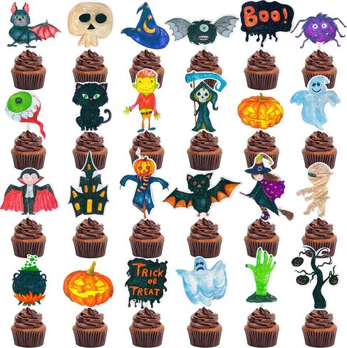 24Pcs Halloween Cupcake Toppers Halloween Party Decoration Boo Sign Ghost Pumpkin Bat Witch Zombie Hand Topper for Halloween Themed Party Supplies in Saudi Arabia