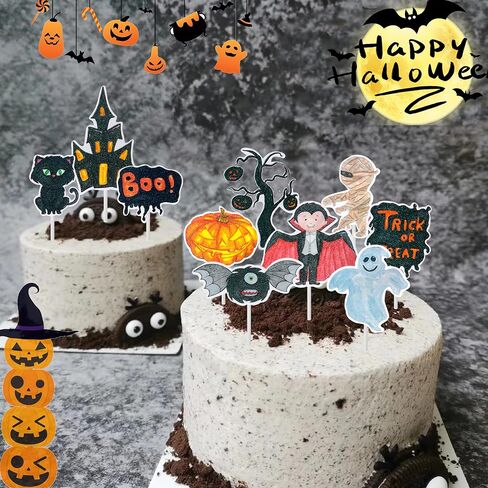 24Pcs Halloween Cupcake Toppers Halloween Party Decoration Boo Sign Ghost Pumpkin Bat Witch Zombie Hand Topper for Halloween Themed Party Supplies in Saudi Arabia