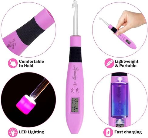 مجموعة خطافات كروشيه رقمية مريحة مع اضاءة LED ومستويين للسطوع قابلة للتعتيم وخطافات كروشيه مضيئة وعداد غرز رقمي، مجموعة حياكة للمبتدئين مع 12 خطاف كروشيه قابل للتبديل in Saudi Arabia