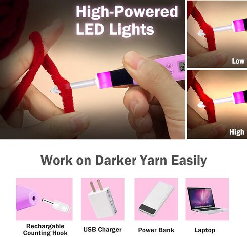 مجموعة خطافات كروشيه رقمية مريحة مع اضاءة LED ومستويين للسطوع قابلة للتعتيم وخطافات كروشيه مضيئة وعداد غرز رقمي، مجموعة حياكة للمبتدئين مع 12 خطاف كروشيه قابل للتبديل in Saudi Arabia