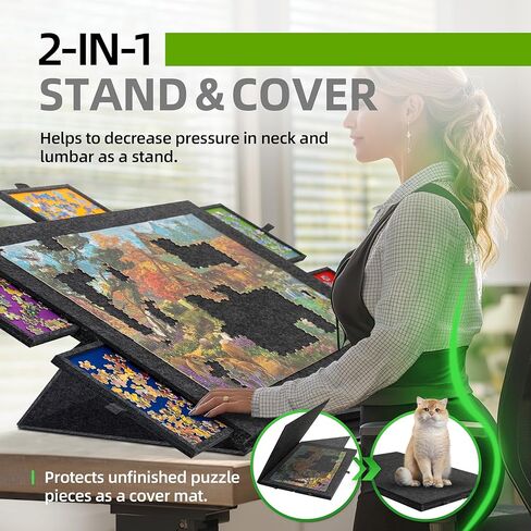لوحة أحجية الصور المقطوعة القابلة للإمالة من LAVIEVERT مكونة من 1500 قطعة مع حامل وغطاء ألغاز 2 في 1، لوحات ألغاز خفيفة الوزن مع 6 أدراج، مساحة تخزين ألغاز طاولة ألغاز محمولة للبالغين - رمادي داكن in Kuwait