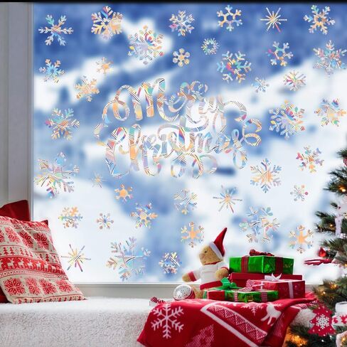 81 قطعة من ملصقات النوافذ على شكل ندفة الثلج لضربات الطيور في عيد الميلاد ملصقات نافذة مضادة للتصادمات غير لاصقة منشورية لعيد الميلاد المجيد ملصقات نافذة من الفينيل بألوان قوس قزح in Kuwait