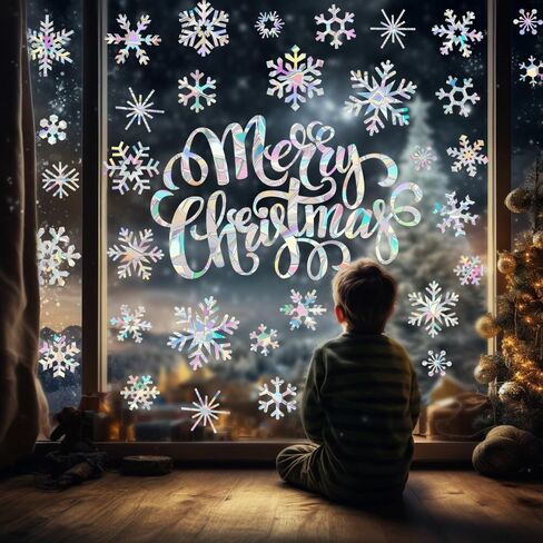 81 قطعة من ملصقات النوافذ على شكل ندفة الثلج لضربات الطيور في عيد الميلاد ملصقات نافذة مضادة للتصادمات غير لاصقة منشورية لعيد الميلاد المجيد ملصقات نافذة من الفينيل بألوان قوس قزح in Kuwait