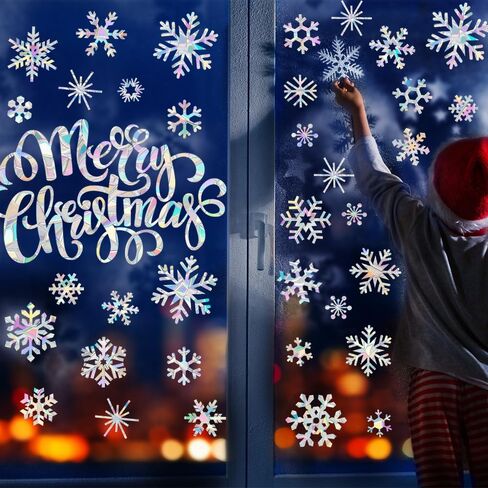81 قطعة من ملصقات النوافذ على شكل ندفة الثلج لضربات الطيور في عيد الميلاد ملصقات نافذة مضادة للتصادمات غير لاصقة منشورية لعيد الميلاد المجيد ملصقات نافذة من الفينيل بألوان قوس قزح in Kuwait