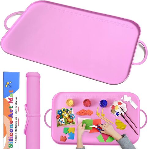 Silicone Painting Station Mat for Kids, Large Silicone Craft Mat with Handle, Silicone Art Mat with Raised Edges for Painting, Jewelry-Making and Crafts Creation, 26x16in, Pink in Saudi Arabia