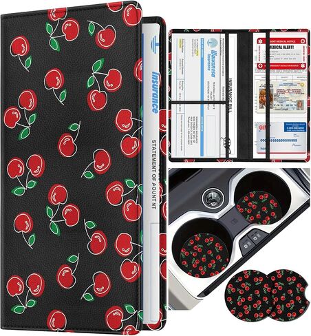 Slohif Car Registration and Insurance Card Holder with Magnetic Shut - Vehicle Glove Box Organizer Women Leather Automobile License Holders Coasters Auto Accessories Case for Document,Strawberry in Kuwait