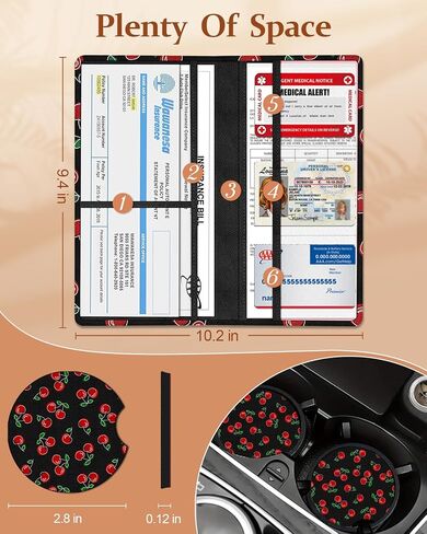 Slohif Car Registration and Insurance Card Holder with Magnetic Shut - Vehicle Glove Box Organizer Women Leather Automobile License Holders Coasters Auto Accessories Case for Document,Strawberry in Kuwait