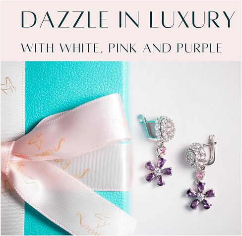 Lavender Amethyst Purple Pink Rose Womens Earrings Jewelry - Cubic Zirconia Dangle Earrings - Rhodium Plated - Sterling Silver - 5A Grade Clarity - CZ Earrings for Women in Saudi Arabia